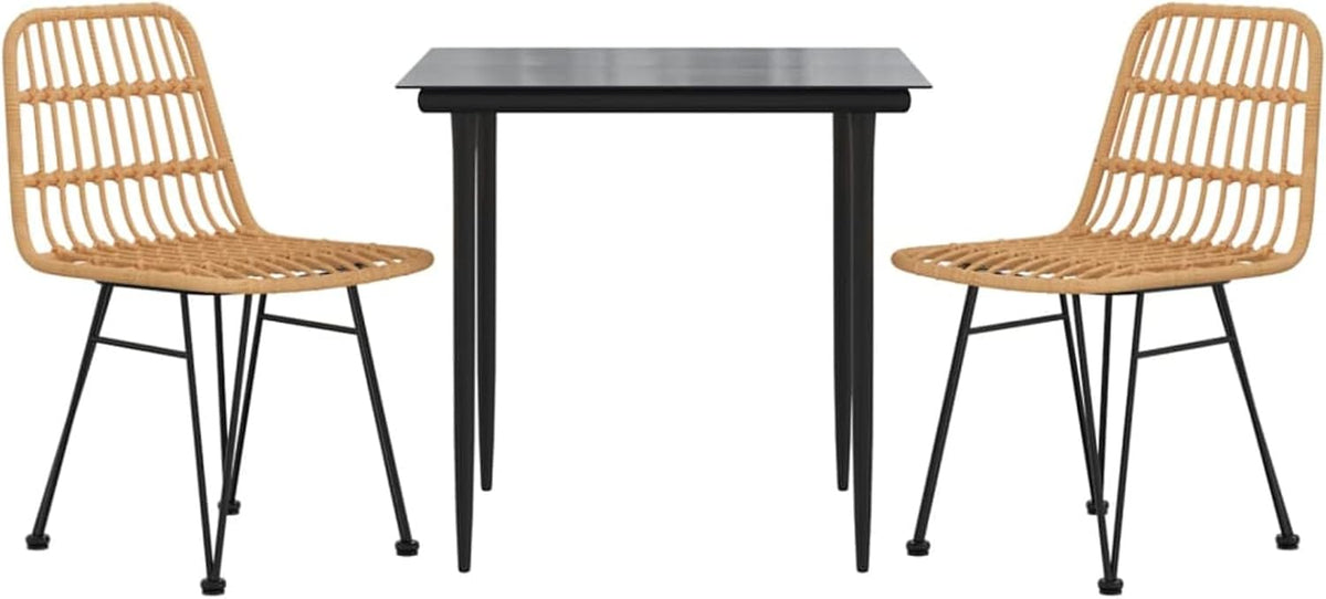 Tidyard 3-delige set, eetkamer, tuin, outdoor, polyrotan, bruin, staal, glas, set van glas en 2 eetkamerstoelen voor de tuin, buiten, tafel en stoelen voor buiten, terras - QUORE