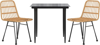 Tidyard 3-delige set, eetkamer, tuin, outdoor, polyrotan, bruin, staal, glas, set van glas en 2 eetkamerstoelen voor de tuin, buiten, tafel en stoelen voor buiten, terras - QUORE