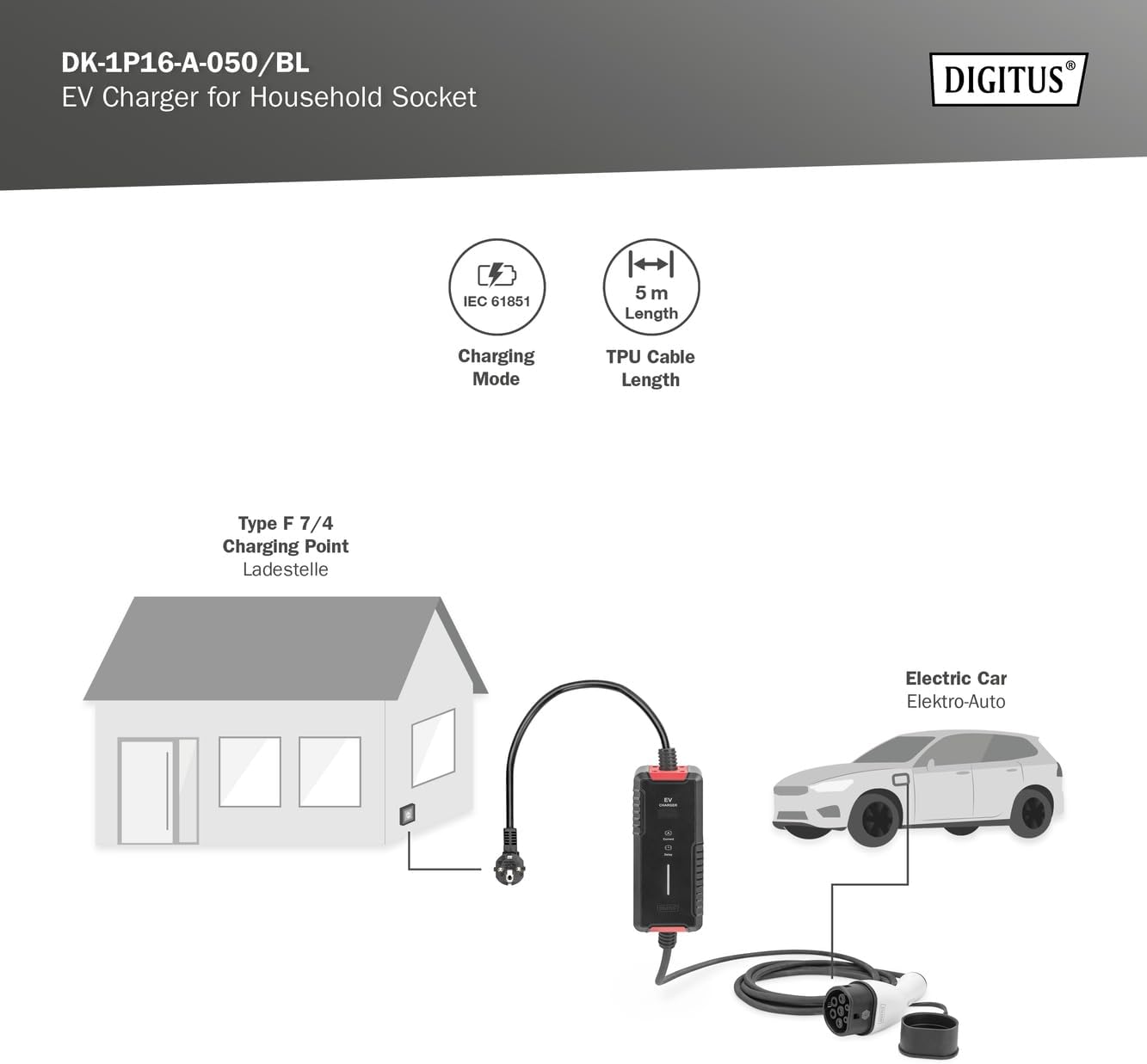 DIGITUS Lader voor elektrische voertuigen - 1-fase - regelbaar laadvermogen max. 3,7 kW - type 2 stekker - 5 m laadkabel - mode 2 - LCD-display - Zwart