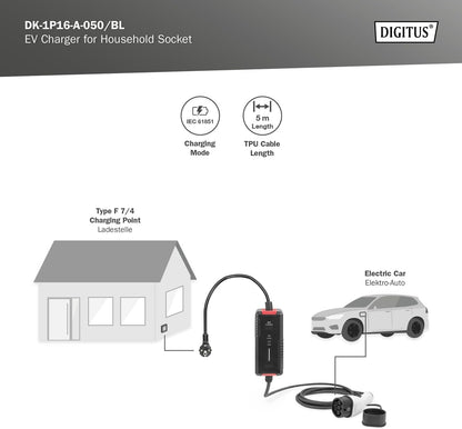 DIGITUS Lader voor elektrische voertuigen - 1-fase - regelbaar laadvermogen max. 3,7 kW - type 2 stekker - 5 m laadkabel - mode 2 - LCD-display - Zwart