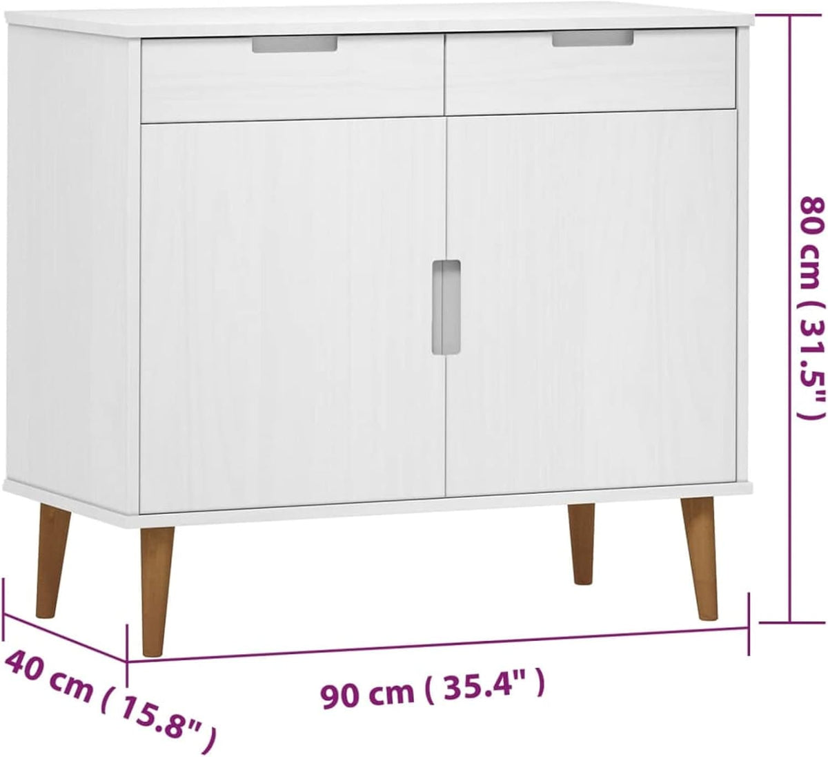 Sideboard Living Room Cabinets Living Room Angled Storage Cabinet Sideboard MOLDE White 90x40x80cm Solid Wood Pine - QUORE
