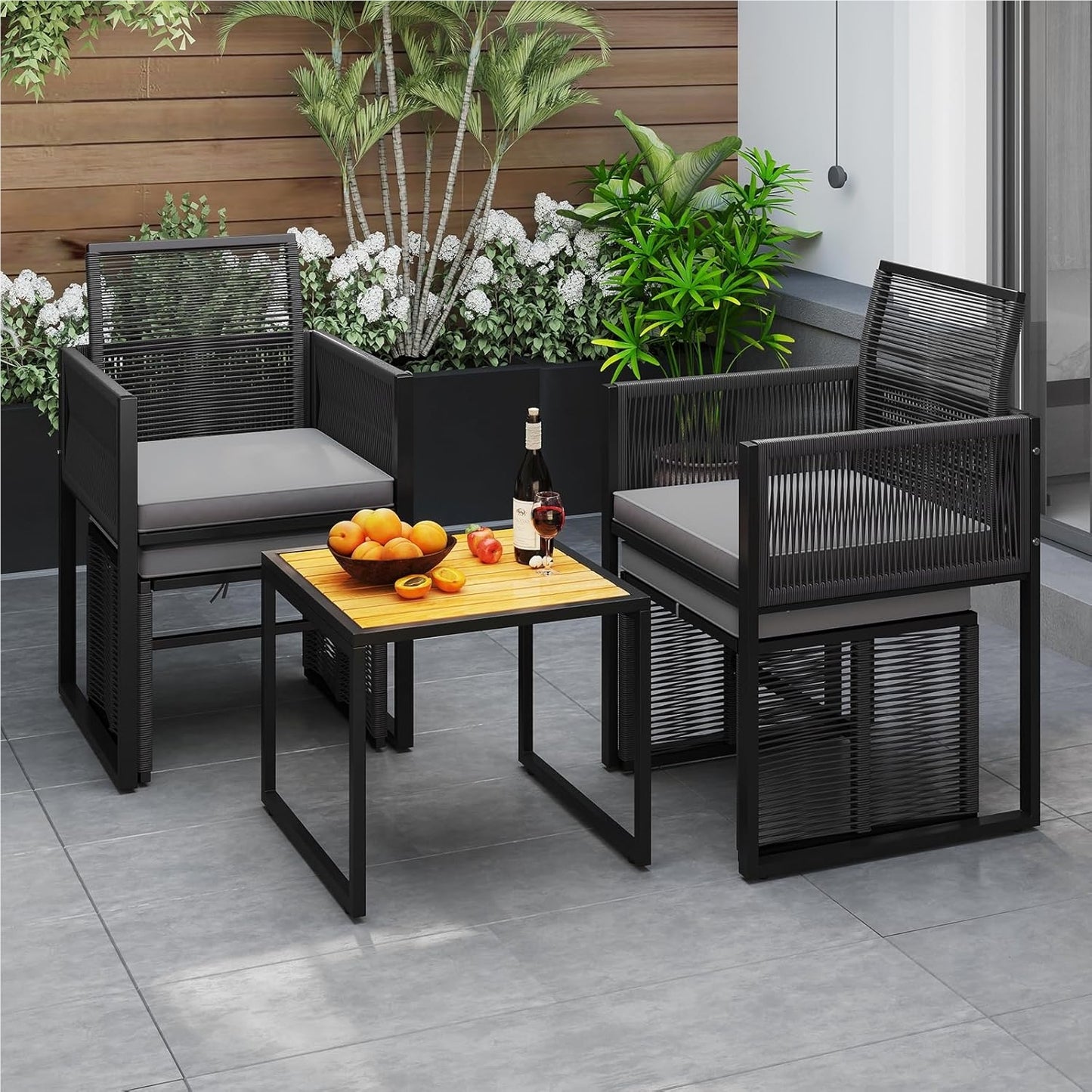 Tuinset – Loungeset – Balkonset – Zitgroep – Bistroset – 5-delig rattan met kussens – Opbergbare voetensteun en inklapbare rugleuning