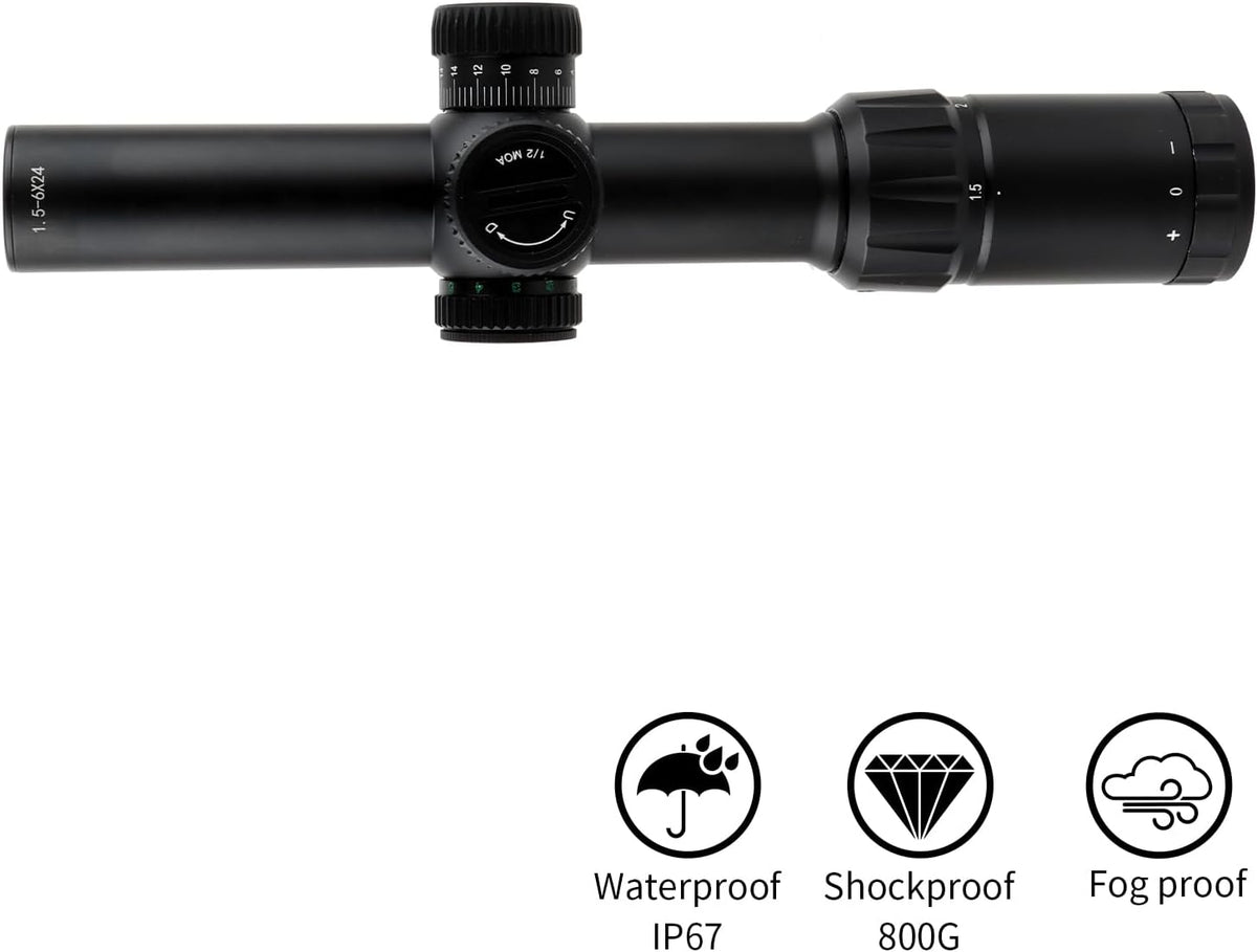 FOCUHUNTER 1,5 - 6 x 24 mm telescoop, zijdelingse parallaxcompensatie optische monoculair, groene volledig multigecoate 30 mm buiszoeker met 4 montageringen