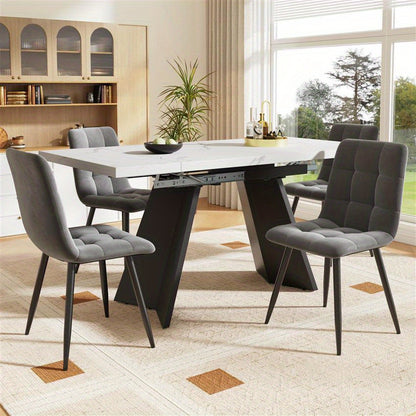 5-delige Eettafelset – Uitschuifbare Eettafel – Eetkamerset voor 4 Personen – Witte Tafel met Platte Poten – Grijze Velvet Stoelen – Ruimtebesparend – Comfortabel Ergonomisch Design