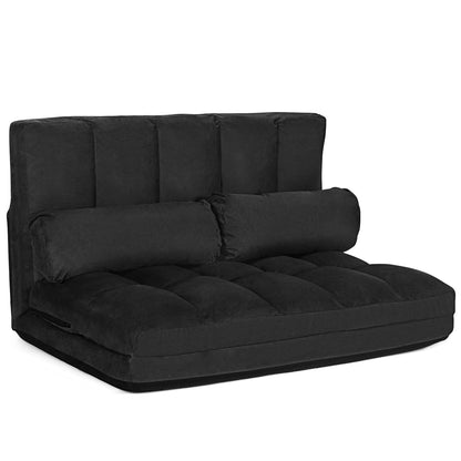 Verstelbare Vloerbank – Sleeper Bed – Klapbank – Loungestoel – Gaming Sofa – 5-Standen Rugleuning – Zachte Suède Bekleding – Inclusief 2 Kussens – Zwart