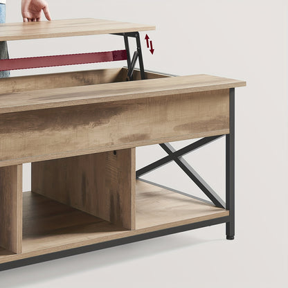 Lift-Top Salontafel – Koffietafel – Multifunctionele Tafel – Opbergtafel – Verstelbare Tafel – Massief Hout Camelbruin – Verhoogbaar Tafelblad 48-62 cm – Stevige X-Vormige Stalen Steun