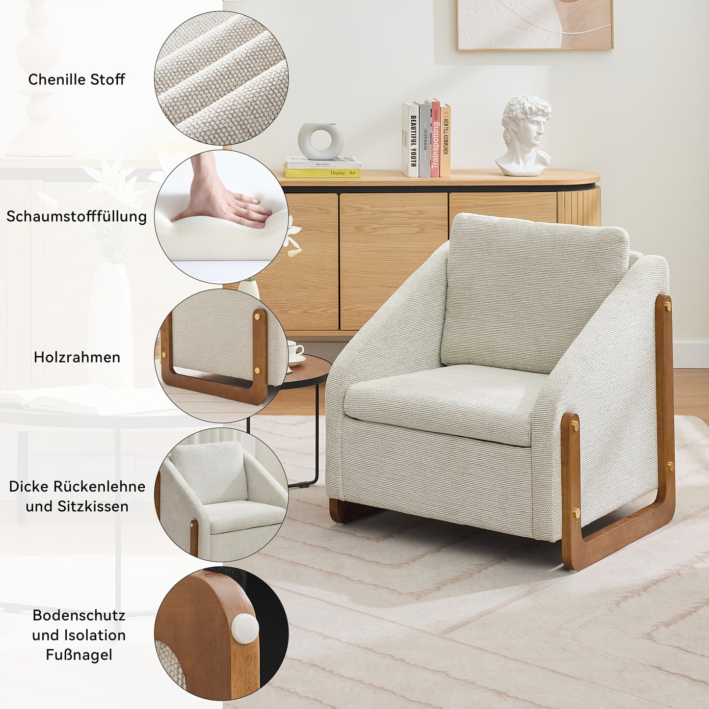 Fauteuil – Accentstoel – Lounge Stoel – Moderne Stoel – Zithoekstoel – Beige Chenille – Houten Armleuningen – Comfortabel Rugkussen