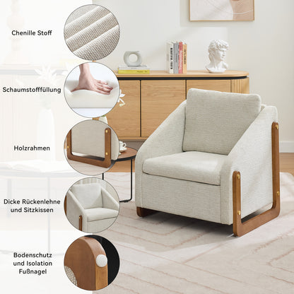 Fauteuil – Accentstoel – Lounge Stoel – Moderne Stoel – Zithoekstoel – Beige Chenille – Houten Armleuningen – Comfortabel Rugkussen