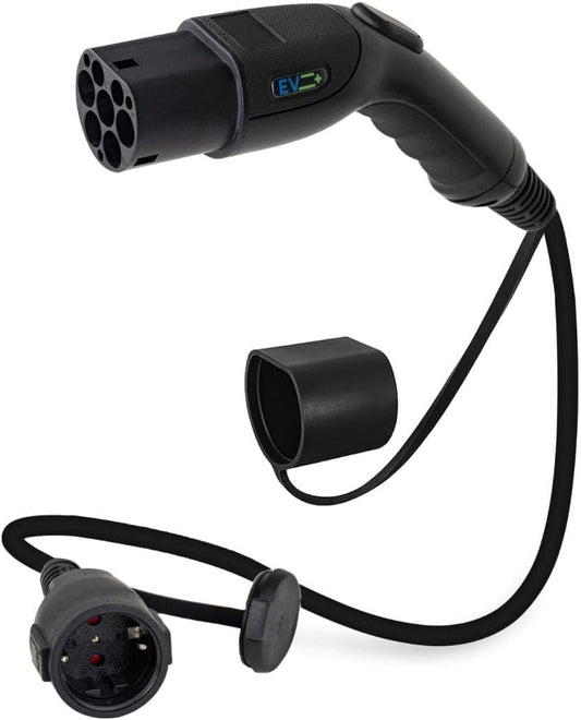 EV + Type 2 naar Schuko Adapter Oplaadkabel Laadkabel voor Elektrische Auto en PHEV, Type 2 IEC 62196 tot Schuko, Oplader Adapter Stekkerverbinding 1-fase 16A (3,6 kW) Zwart/Wit