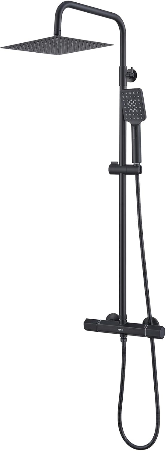 Douchesysteem met thermostaat, regendouche, doucheset, roestvrij stalen douchezuil met douchekop en handdouche, verstelbare douchestang, 960-1245 mm, complete douche-set voor badkamer, zwart
