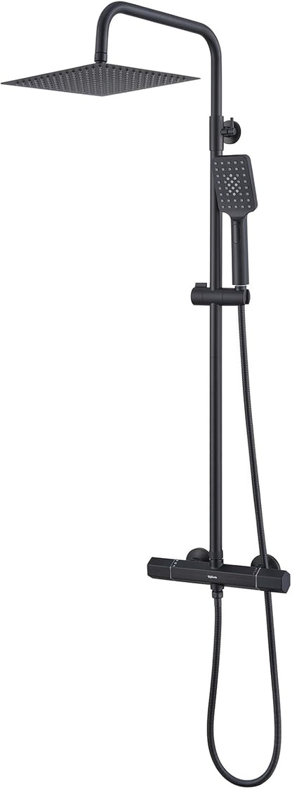 Douchesysteem met thermostaat, regendouche, doucheset, roestvrij stalen douchezuil met douchekop en handdouche, verstelbare douchestang, 960-1245 mm, complete douche-set voor badkamer, zwart