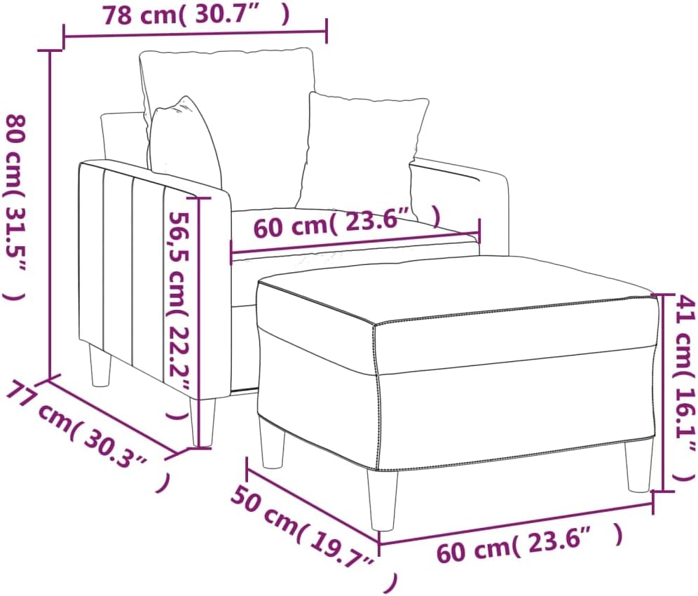 Fauteuil met poef, blauw, 60 cm, fluwelen gestoffeerde stoel, relaxstoel voor woonkamer, comfortabele stoel met dik gevoerde zitting en voetenbank, robuust frame van multiplex