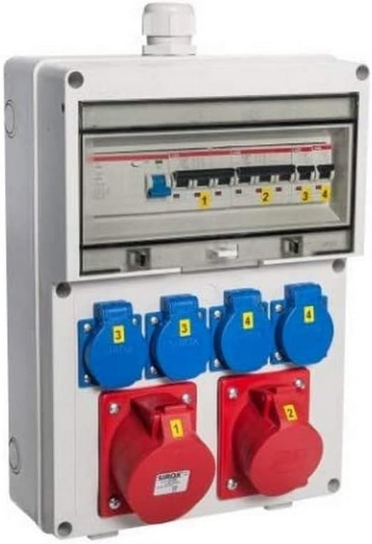 VOTHA Wandverdeler "WÜRZBURG" | Bedrade stekkercombinatie voor wandmontage | CEE 32 A & 16 A + 4x 230 V | FI-veiligheidsschakelaar & LS-schakelaar | IP54 | afsluitbare macroon-afdekking