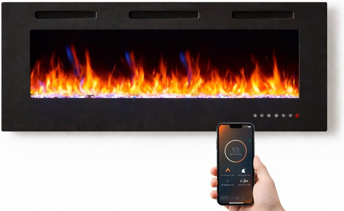 Draadloze elektrische open haard, 7,5 cm diep, gehard glas, afstandsbediening en touchscreen, verwarming 750/1500 W, verstelbaar vlameffect (107 cm App New)