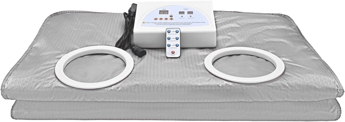 Sauna Deken - 650W - 220V - 60Hz - 2-Zone - Buitenkant Oxford-doek, binnenkant PVC - Stress - Pijnverlichting - Fibromyalgie - Reuma - Infraroodtherapie - Ontspanning - Zilver - QUORE