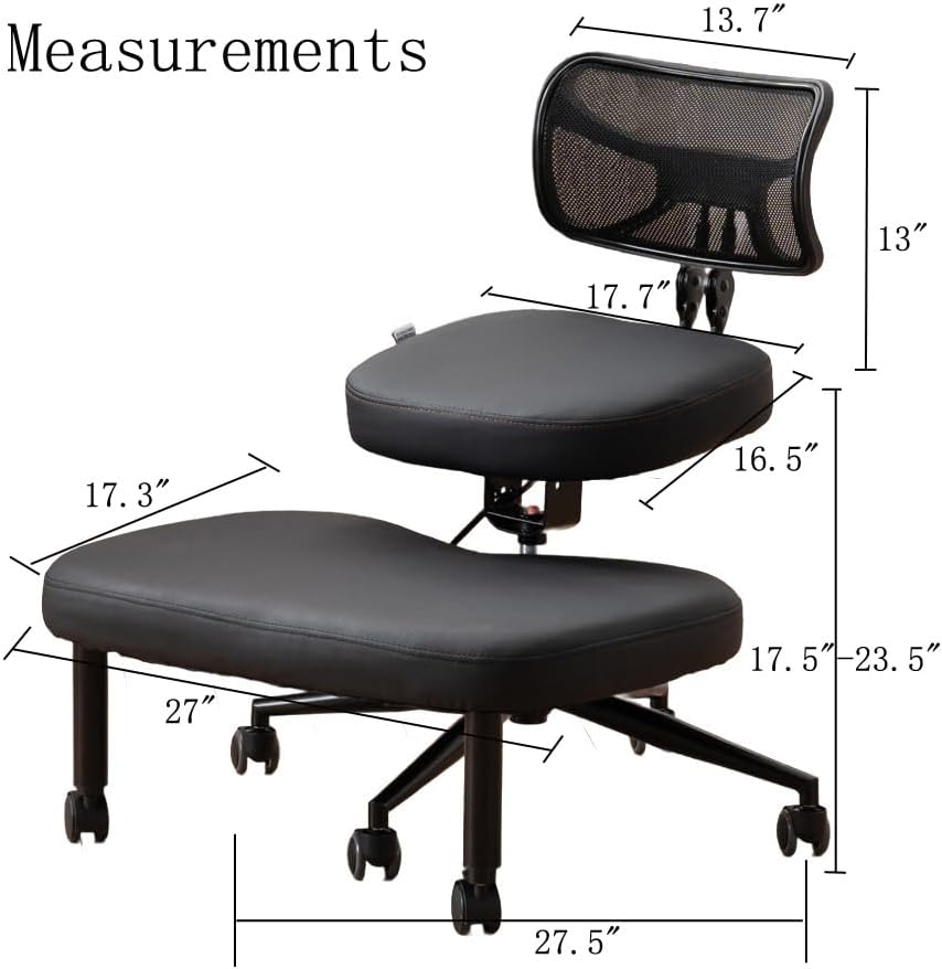 Kruis Legged Chair met wielen, veelzijdige kneelstoel met rugsteun, verstelbare stoel met hoekzitting voor betere houding, dikke comfortabele kussens, zwart