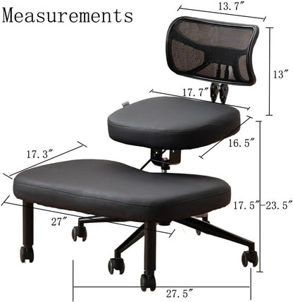 Kruis Legged Chair met wielen, veelzijdige kneelstoel met rugsteun, verstelbare stoel met hoekzitting voor betere houding, dikke comfortabele kussens, zwart