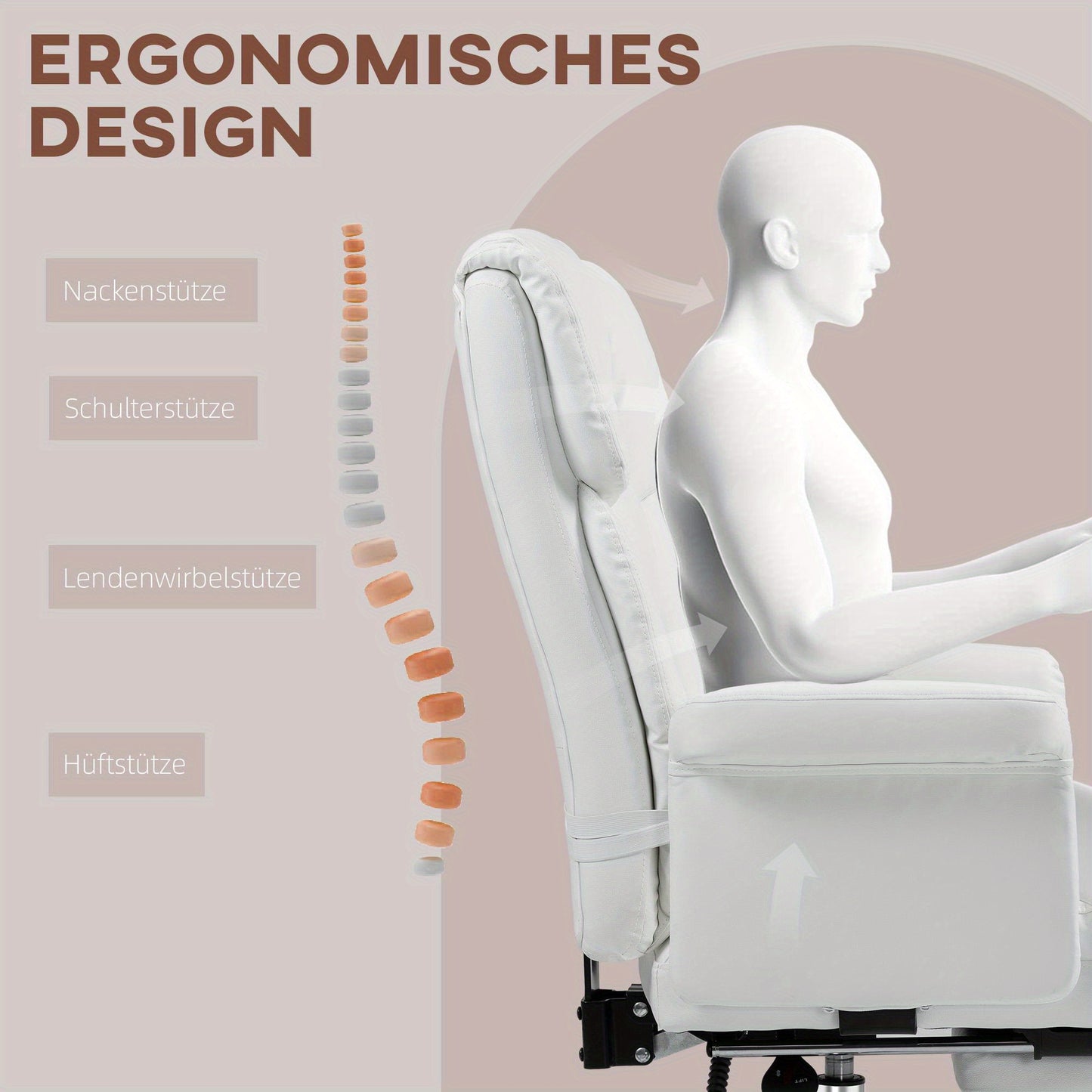 Bureaustoel – Ergonomische Stoel – Office Chair – Gamingstoel – Bureaukruk – Verstelbare Zithoogte 48-56 cm – Kantelbare Rugleuning 155° Met Lendensteun en Voetensteun – Hardhouten Frame – 360° Draaibaar