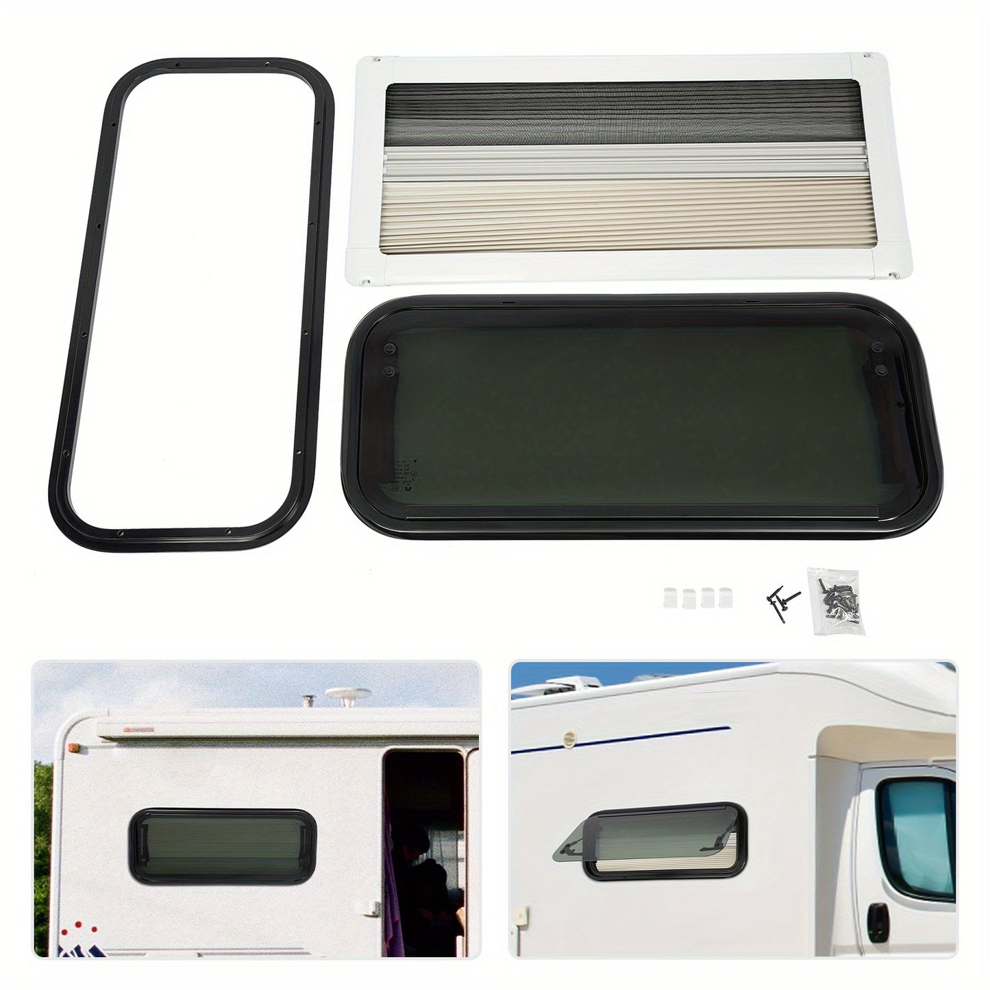 Caravanraam – Camperraam – Schuifraam – Dakraam – Zijraam – Aluminium Frame – Getemperd Glas – Handbediend Slingerbediening – Insectenscherm & Zonwering – 700x300 mm