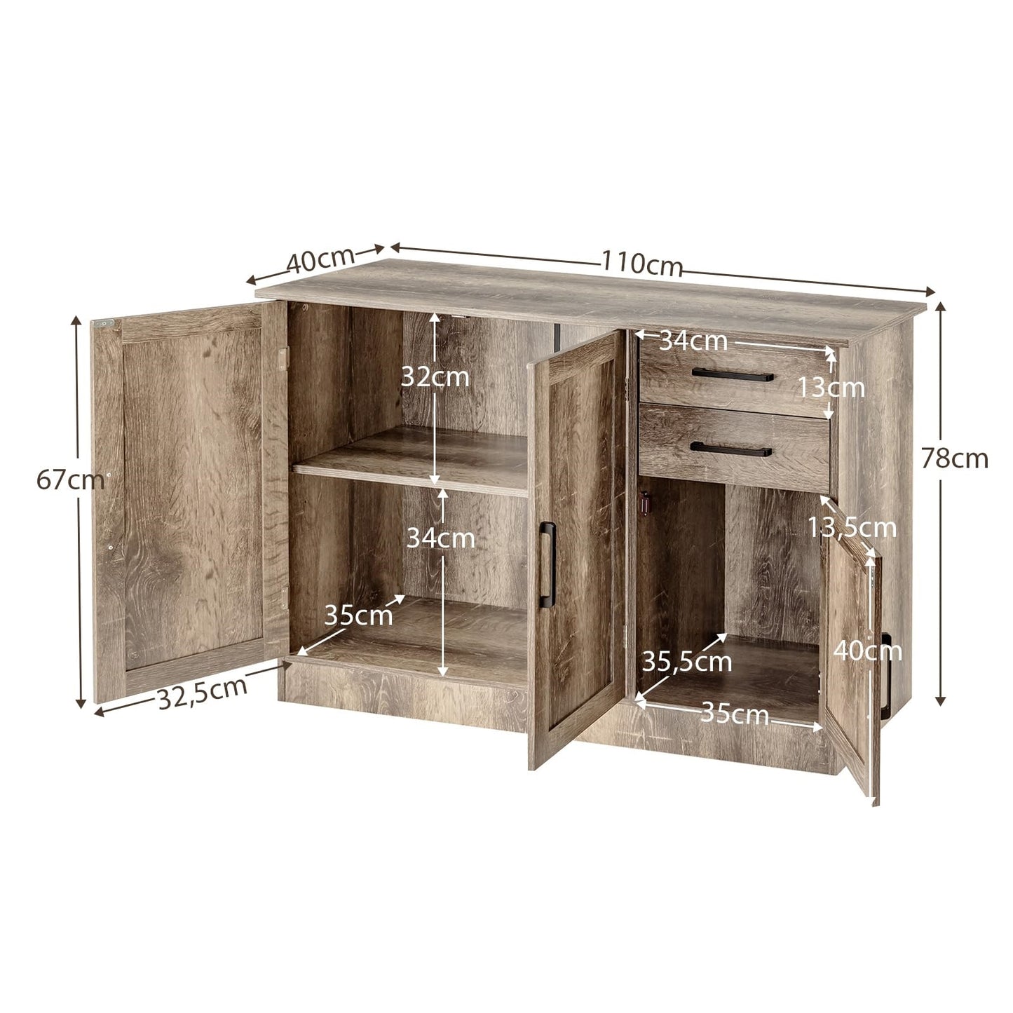 Houten Dressoir – Sideboard – Buffetkast – Opbergkast – Woonkamerkast – Industrieel Design – 110 x 40 x 78 cm – Verstelbare Plank & 2 Lades