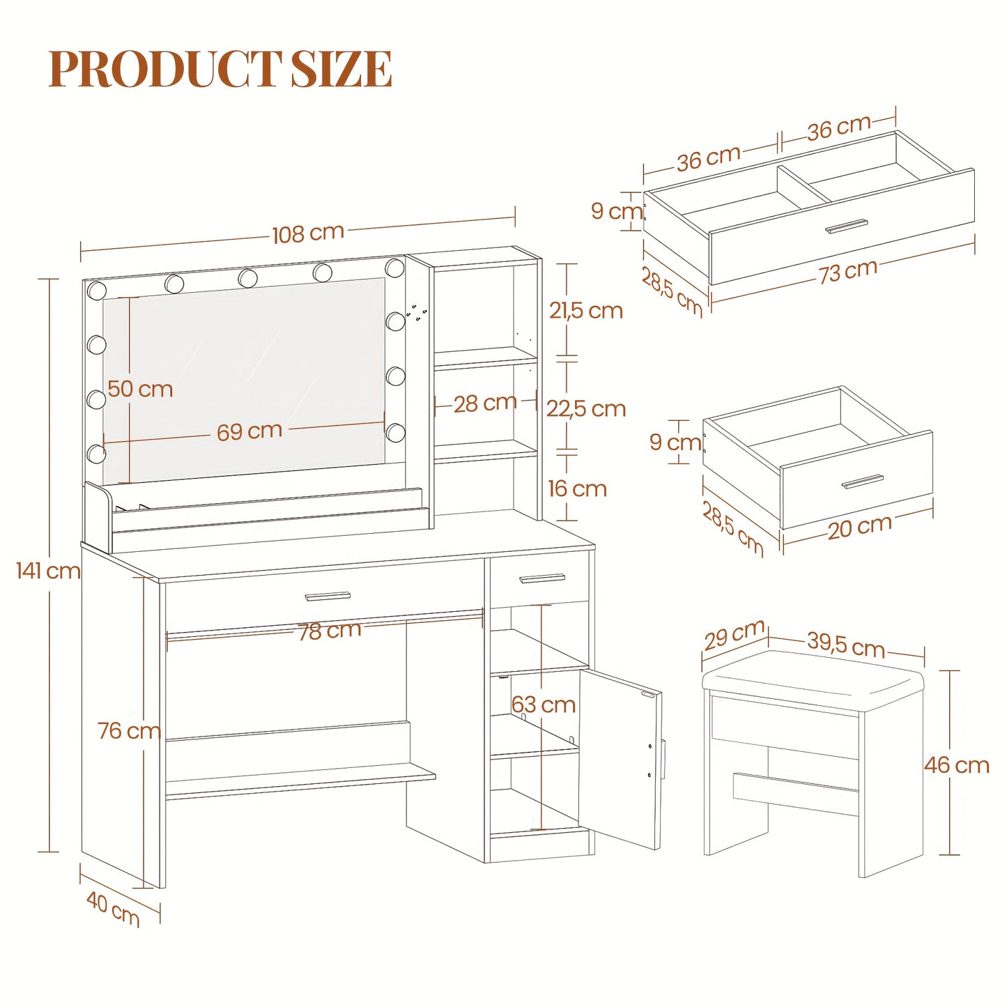 Kaptafel – Make-uptafel – Visagie Tafel – Vanity Table – Schminktafel – Grote Spiegel – 2 Lades & 4 Opbergvakken – Wit