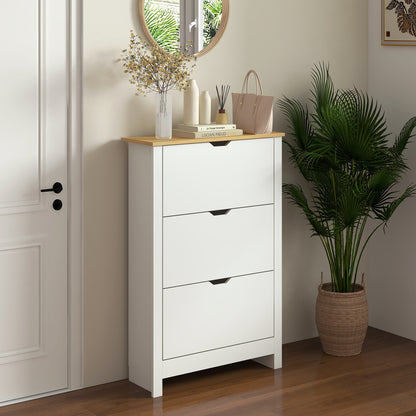 Schoenenkast – Schoenenrek – Schoenenopberger – Schoenenkastje – Schoenenmeubel – 3 Compartimenten – Wit Met Natuurlijke Houtkleur