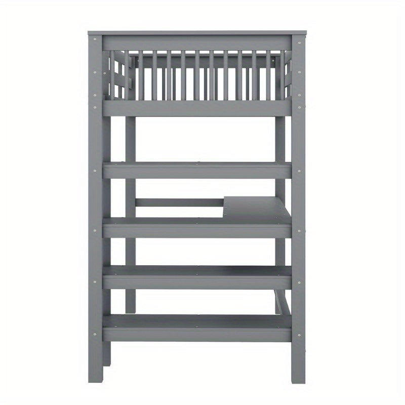 Hoogslaper – Loftbed – Stapelbed – Kinderbed – Eenpersoonsbed – Met Bureau en Opbergrekken – Metalen Stijlvol Frame – Ruimtebesparend Design – Grijs – Stevig en Duurzaam