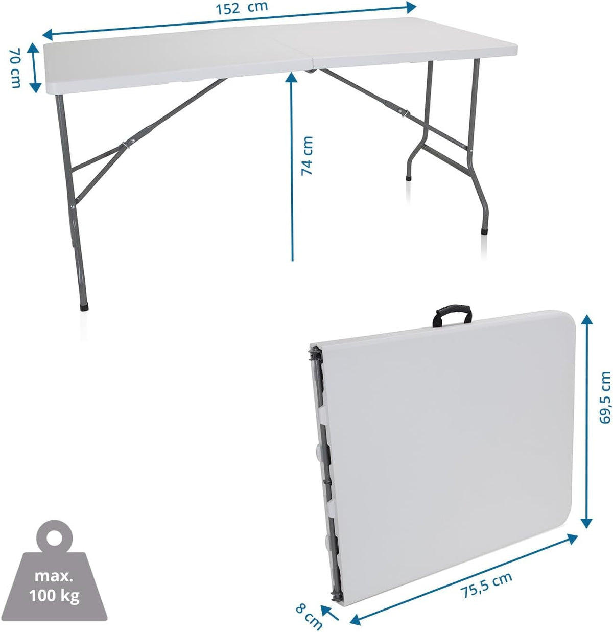 hjh OFFICE Easy Up Multi II 830053 klaptafel, 152 x 70 cm, kunststof, wit, campingtafel, inklapbaar met handgreep, metalen frame