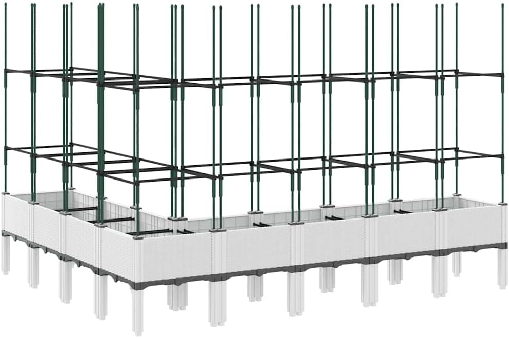 Flower Box for Garden with Integrated Polypropylene Trellis Raised Design and Rattan Look White 200 x 160 x 142.5 cm, Ideal for Climbing Plants, Vegetables - QUORE