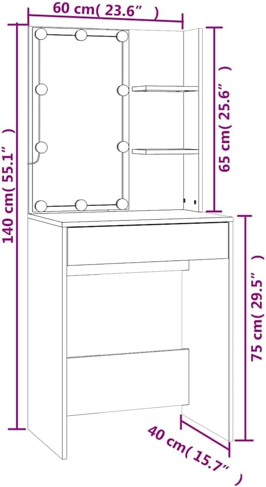 Kaptafel – Make-up Tafel – Wandtafel – Schoonheidstafel – Toilettafel – Zwart – LED-verlichting Rondom Spiegel – Compact 60x40x140 cm