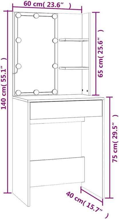 Kaptafel – Make-up Tafel – Wandtafel – Schoonheidstafel – Toilettafel – Zwart – LED-verlichting Rondom Spiegel – Compact 60x40x140 cm