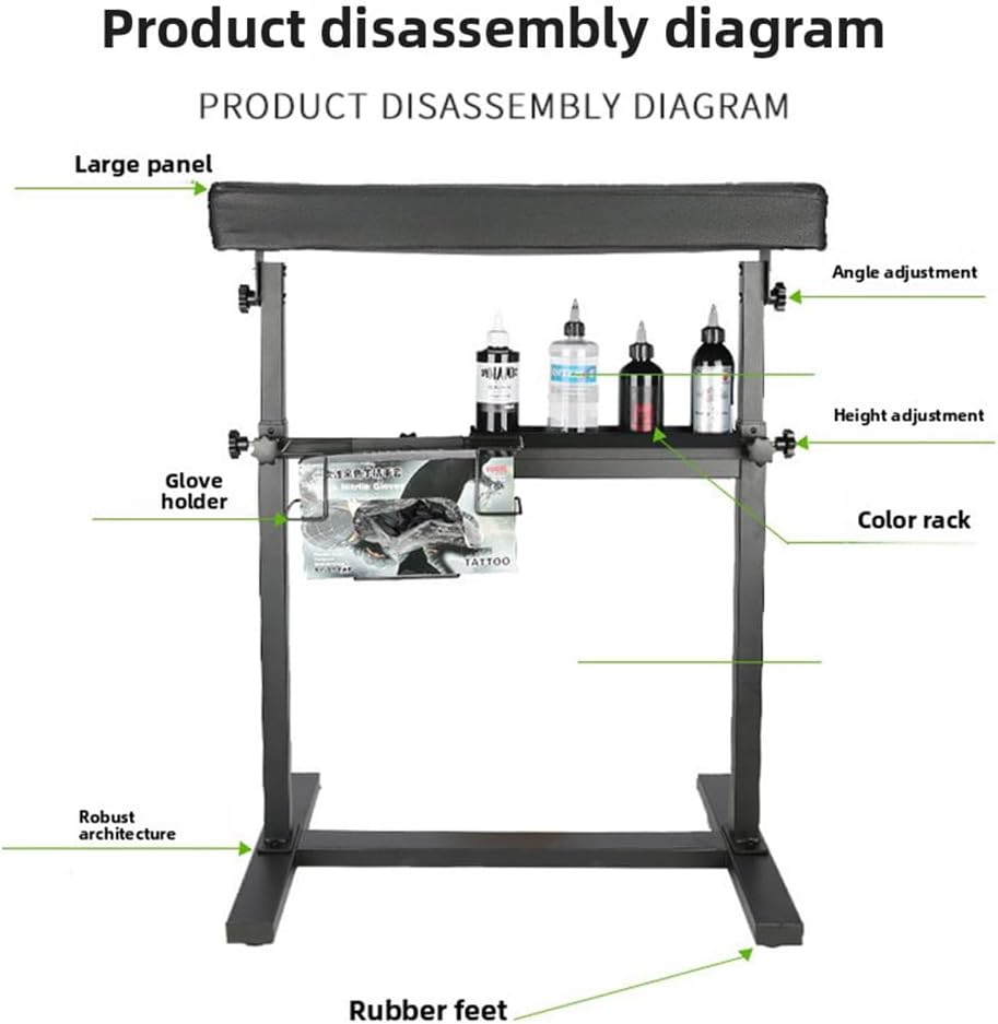 Professionele verstelbare tattoo-armsteun – hoogte 66-98 cm, 340° draaibare tafel (60 x 40 cm) met PU-lederen bekleding, stabiele ijzeren basis en accessoirevak voor studio en tattoo-kunstenaars