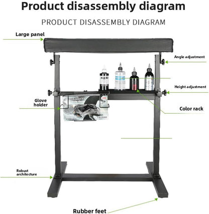 Professionele verstelbare tattoo-armsteun – hoogte 66-98 cm, 340° draaibare tafel (60 x 40 cm) met PU-lederen bekleding, stabiele ijzeren basis en accessoirevak voor studio en tattoo-kunstenaars