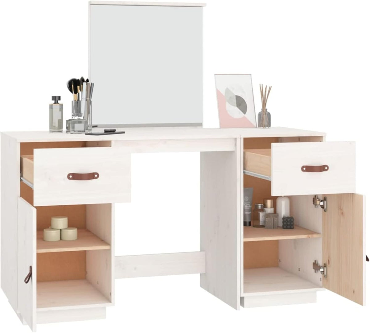 Tidyard Dressing table with mirror, dressing table, chest of drawers, dressing table, vanity table, makeup mirror, bedroom, solid pine, white - QUORE