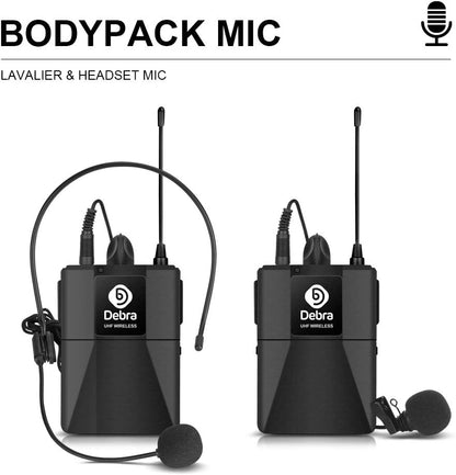 Debra Audio Pro UHF Draadloos 4-Kanaals Microfoonset met Lavalier en Headset, Metalen Ontvanger voor Karaoke en Kerk (B-frequentie)