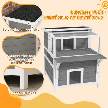 Kattenhuis – Kattenhok – Kattenverblijf – Kattencabine – Kattenhut – Weerbestendig Dennenhout – Verhoogde Poten en Asfalt Dak – Grijs – 2 Verdiepingen met Balkon