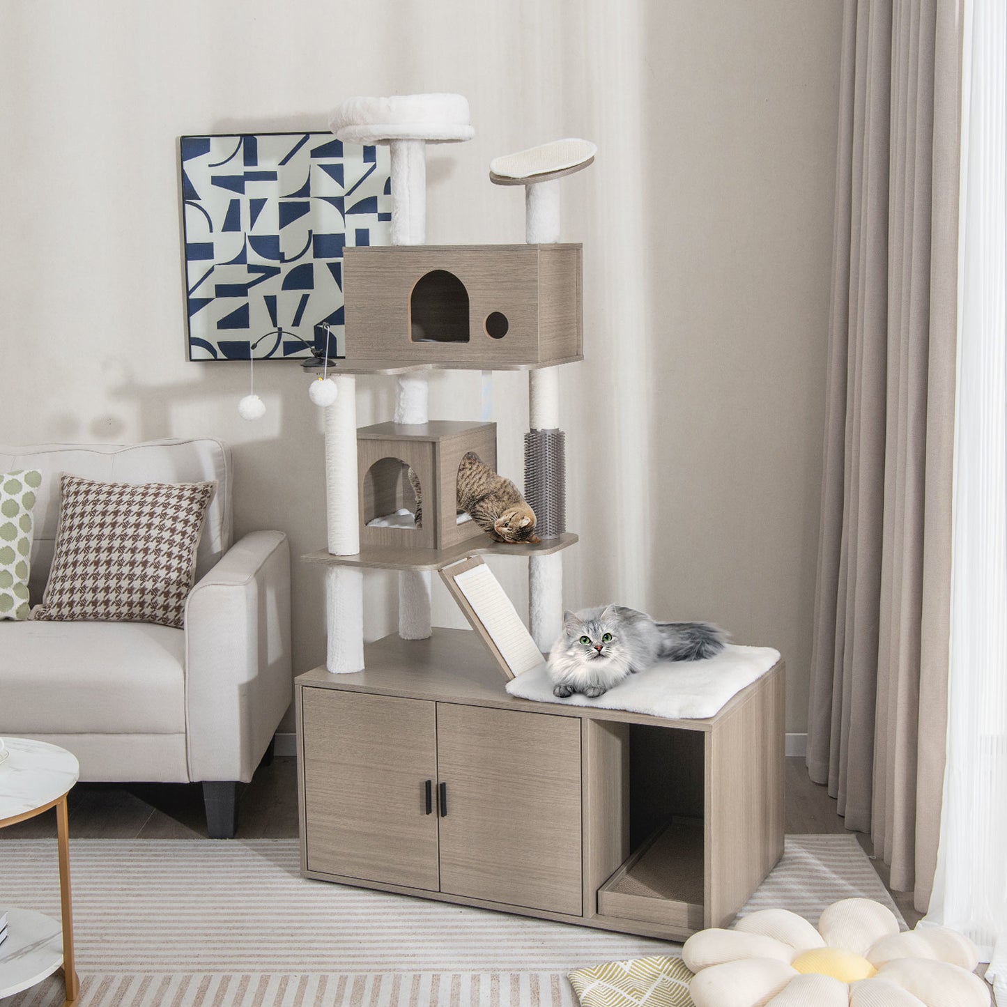 Kattenmeubel – Krabpaal – Kattenbakmeubel – Kattenhuis – Klimmeubel – Sisal Krabmat – Interactief Speelplezier – Modern Grijs Design 95x55x173 cm
