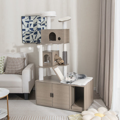 Kattenmeubel – Krabpaal – Kattenbakmeubel – Kattenhuis – Klimmeubel – Sisal Krabmat – Interactief Speelplezier – Modern Grijs Design 95x55x173 cm