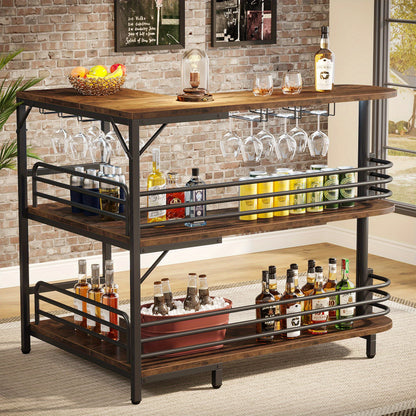 L-vormige Home Bar Unit – Hoekbar – Drankkast – Wijnrek – Barkeuken Meubel – 3 Etages Met Opbergrekken – Inclusief Wijn- En Wijnglashouder – Industrieel Rustiek Bruin