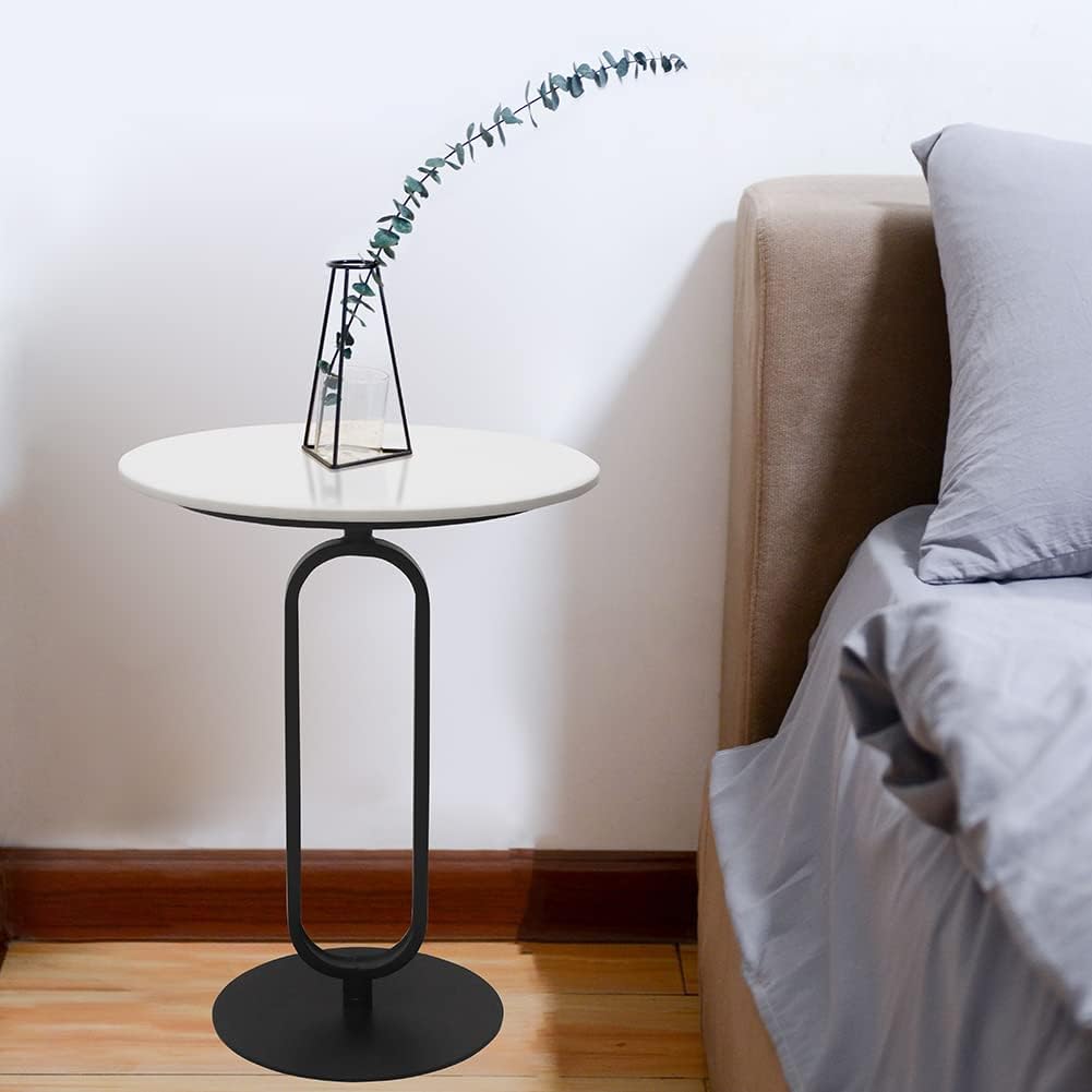 Bijzettafel rond, marmeren salontafel, banktafel, kleine koffietafel, metaal zwart, voor woonkamer slaapkamer, laptoptafel, banktafel