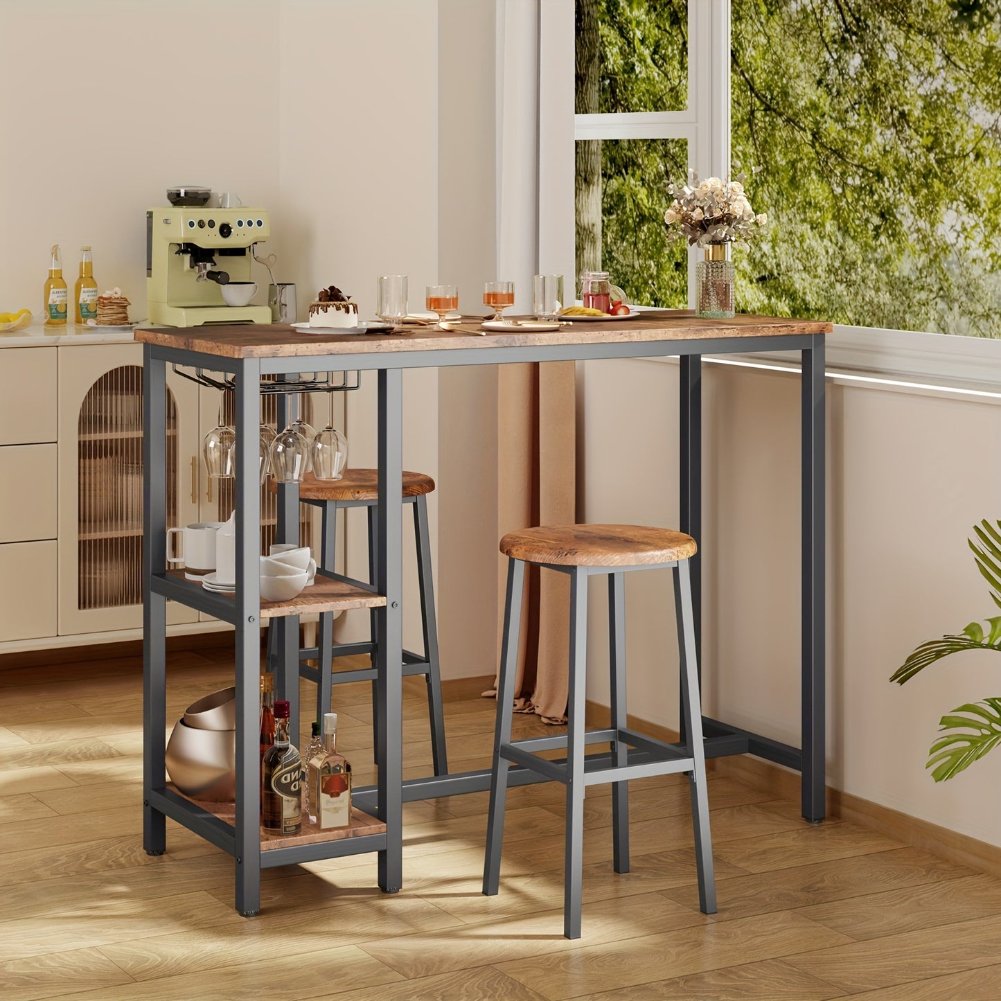 Barset – Bartafelset – Barkrukken – Bartafel – Barmeubel – Zwart & Rustiek Bruin – Compact Ontwerp – Inclusief Wijnrek & Opbergruimte