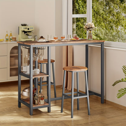 Barset – Bartafelset – Barkrukken – Bartafel – Barmeubel – Zwart & Rustiek Bruin – Compact Ontwerp – Inclusief Wijnrek & Opbergruimte