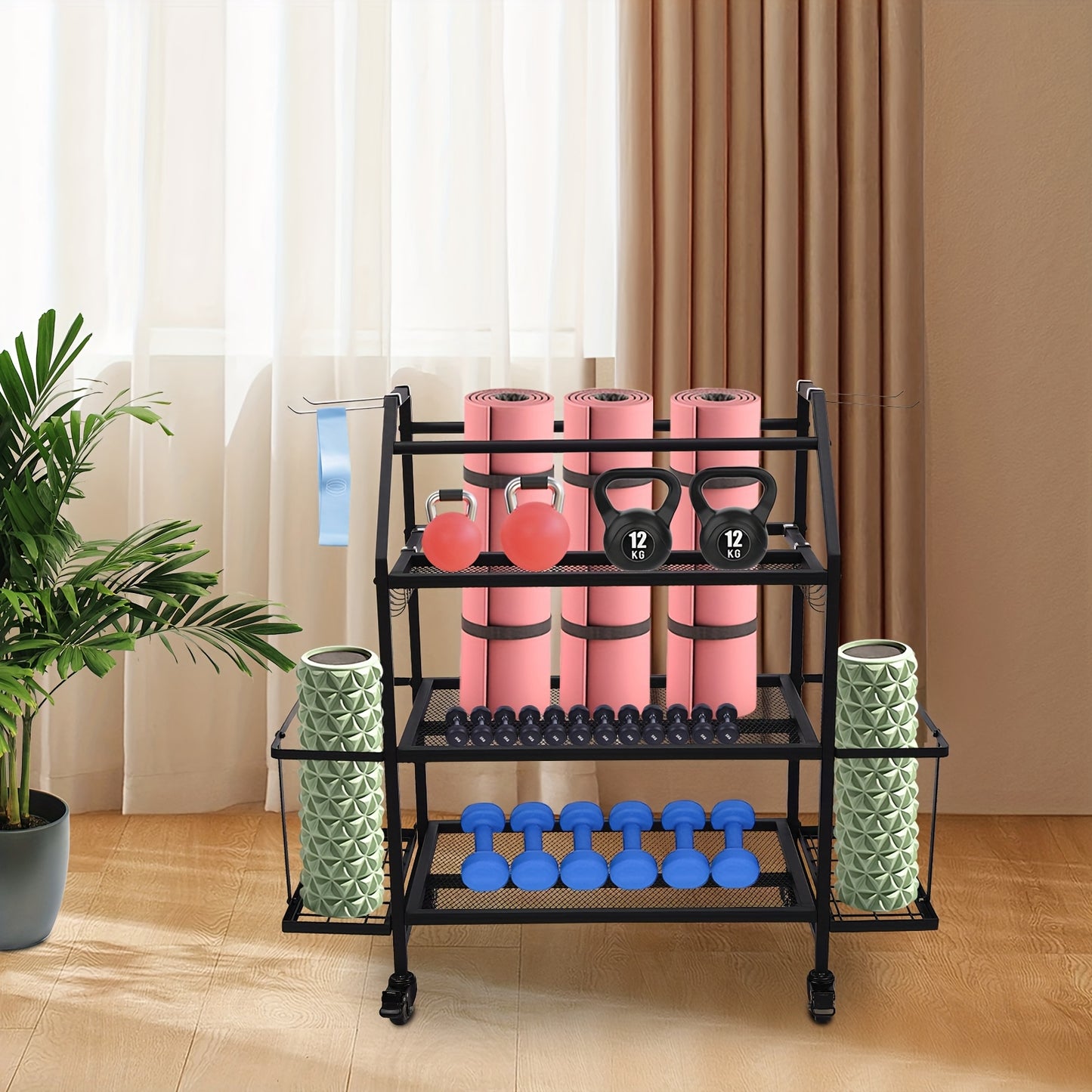 Dumbbellrek – Halterrek – Fitnessrek – Gewichtenrek – Home Gym Organizer – Stalen 3-Laags Rek Met 4 Wielen – Zijhaken Voor Springtouwen en Handdoeken