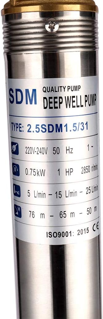 1PK Dompelpomp – Diepbronpomp – Waterpomp – Fonteinpomp – Irrigatiepomp – Roestvrij Staal – Max. Debiet 2,8 m³/uur – Max. Opvoerhoogte 82 m