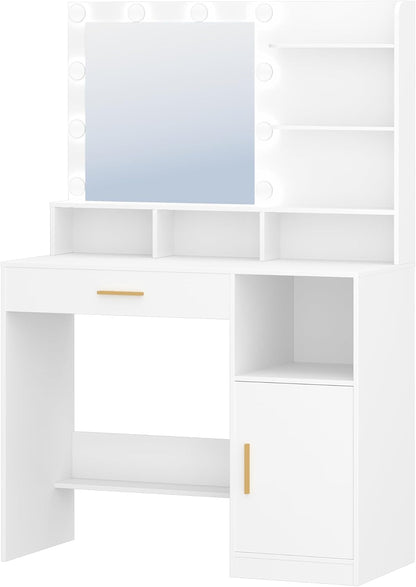 Hzuaneri Makeup Table with Mirror and 10 LED Lamps, Makeup Chest of Drawers with 3 Shelves and 4 Open Compartments, Large Drawer and Cabinet, 3 Adjustable Illumination Levels DT41303XEU
