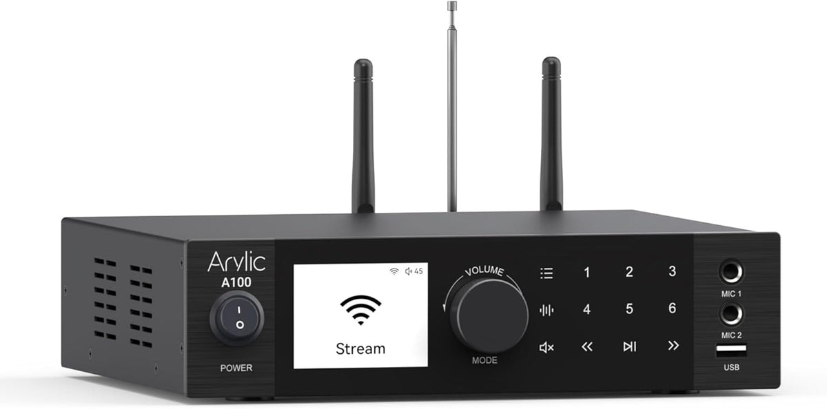 Arylic A100 Draadloze Full Digital HiFi-versterker met FM-radio, 100 W × 2 wifi-en bluetooth-audio-ontvangers, ondersteunt AirPlay, Spotify Connect, Multiroom, ideaal voor KTV, thuisbioscoop en radio.