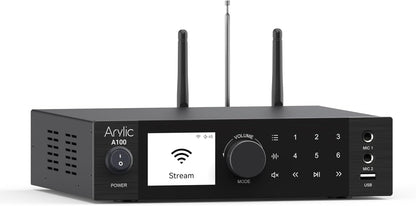 Arylic A100 Draadloze Full Digital HiFi-versterker met FM-radio, 100 W × 2 wifi-en bluetooth-audio-ontvangers, ondersteunt AirPlay, Spotify Connect, Multiroom, ideaal voor KTV, thuisbioscoop en radio.