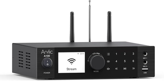 Arylic A100 Draadloze Full Digital HiFi-versterker met FM-radio, 100 W × 2 wifi-en bluetooth-audio-ontvangers, ondersteunt AirPlay, Spotify Connect, Multiroom, ideaal voor KTV, thuisbioscoop en radio.