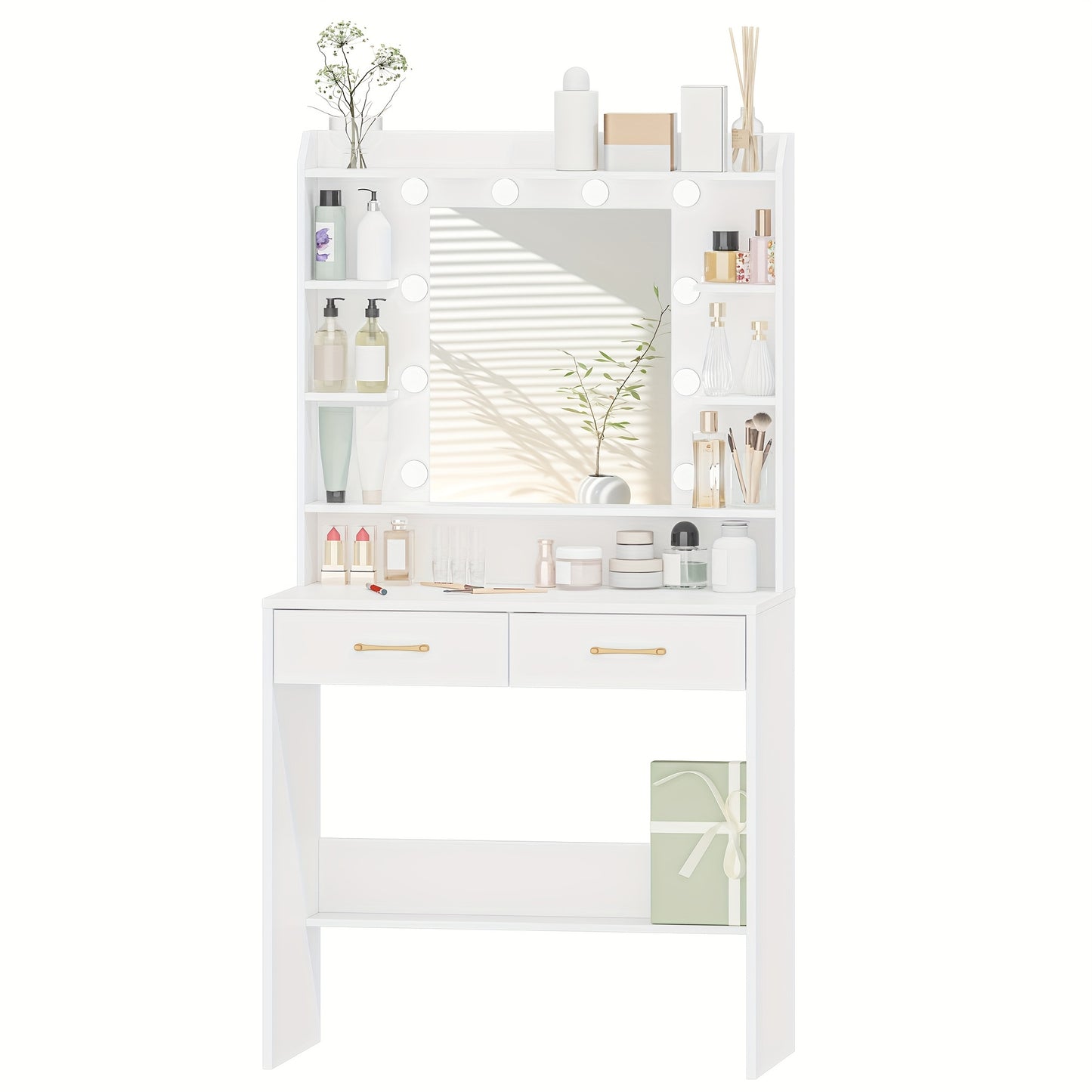 Kaptafel – Make-uptafel – Schminktisch – Sieradekast – Verzorgingstafel – Verstelbare Verlichting – Compact 40 x 80 x 149 cm – Wit