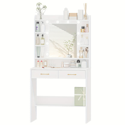 Kaptafel – Make-uptafel – Schminktisch – Sieradekast – Verzorgingstafel – Verstelbare Verlichting – Compact 40 x 80 x 149 cm – Wit